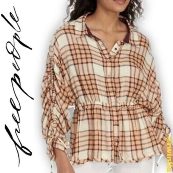 NWT Free People Peach Tree Plaid Peplum Raw Button Boho Tunic - Picture 6 of 6